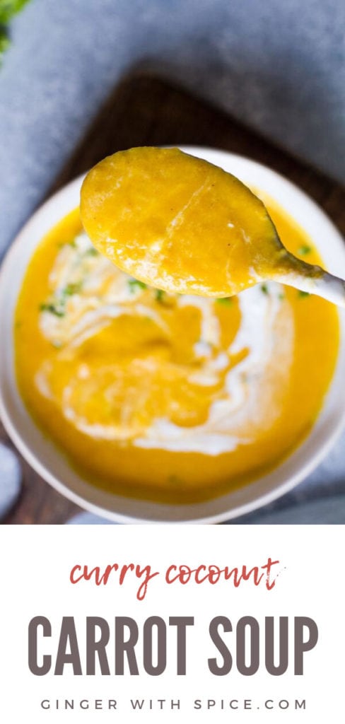 Spoonful of curry coconut carrot soup. Bowl in the background. Pinterest pin.
