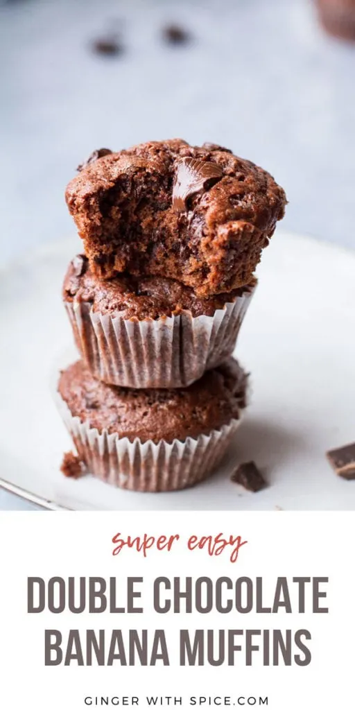 Simple Pinterest pin with text at the bottom and one image of chocolate banana muffins at the top.