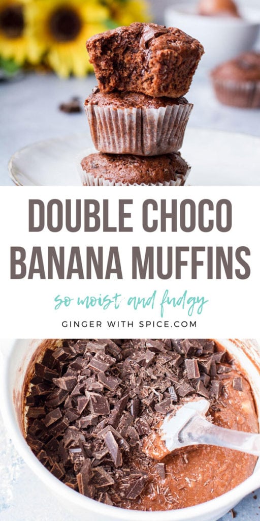 Two images from post and text overlay in the middle: 'Double Choco Banana Muffins'. Pinterest pin.