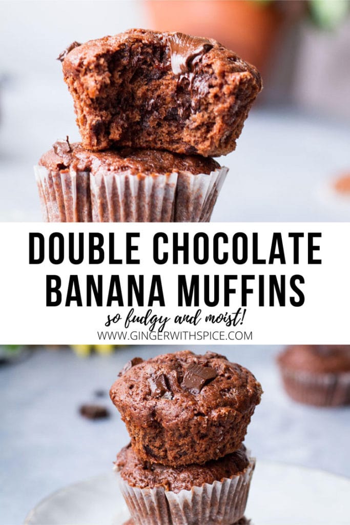 Two images from post and black text: Double Chocolate Banana Muffins. Pinterest pin.