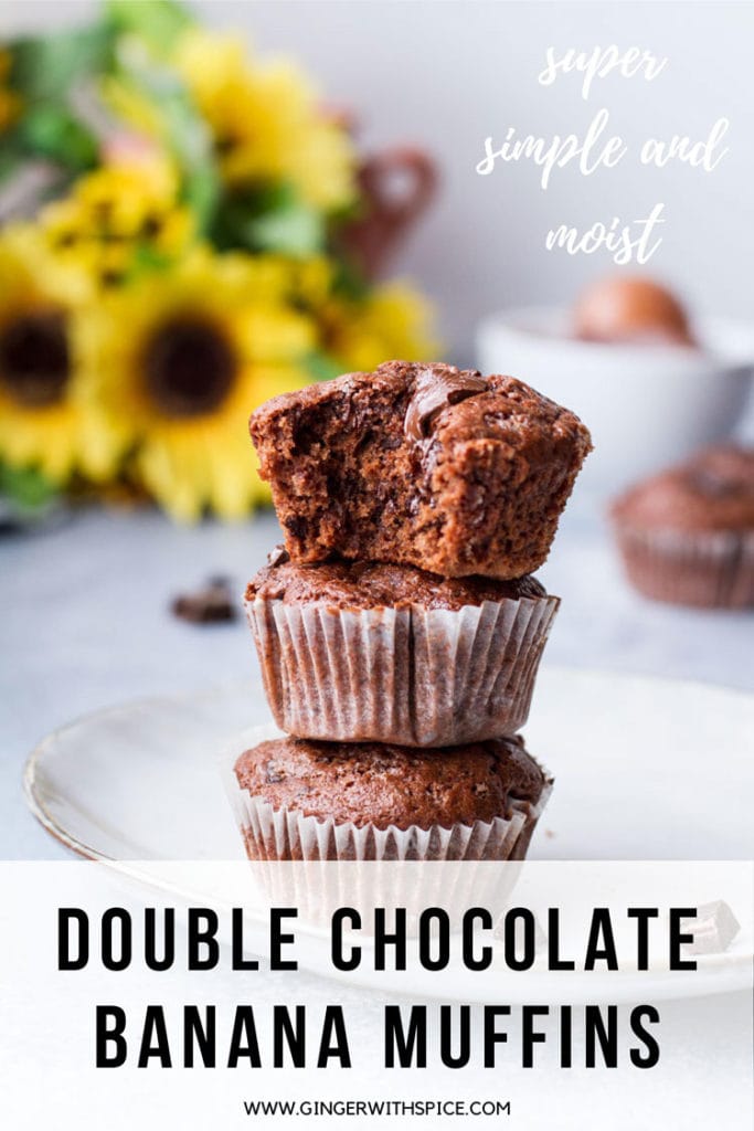 Image with chocolate muffins and sunflowers + text overlay at the bottom. Pinterest pin.