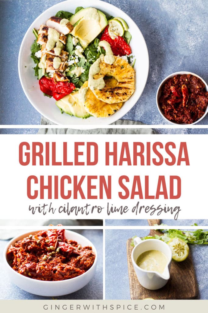 Three images from post with text overlay: Grilled Harissa Chicken Salad.