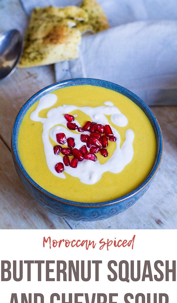 Pinterest long pin with text overlay at the bottom. Butternut squash soup pictured.