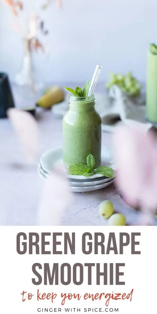 Green smoothie in a small bottle. Text at the bottom: Green Grape Smoothie. Pinterest pin.