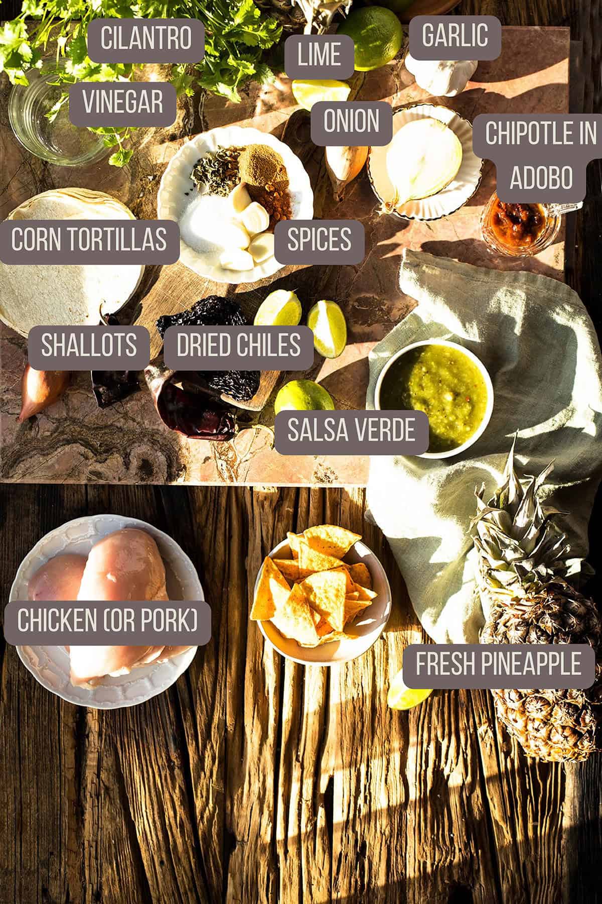Ingredients to make tacos al pastor.
