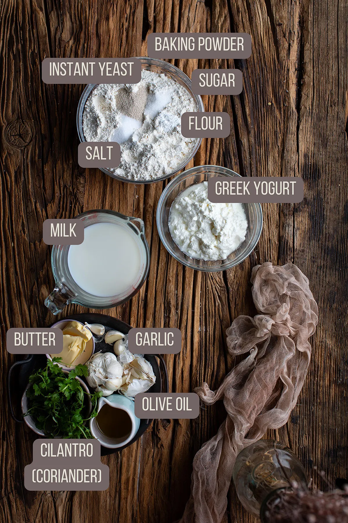 Ingredients to make garlic and coriander naan.