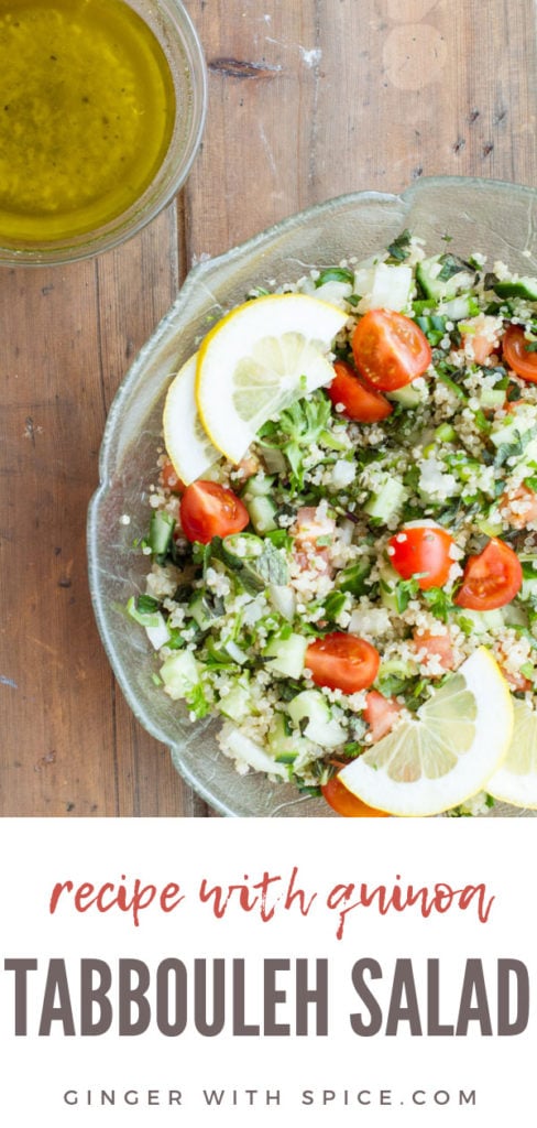Tabbouleh salad in a glass bowl, close up. Pinterest pin.