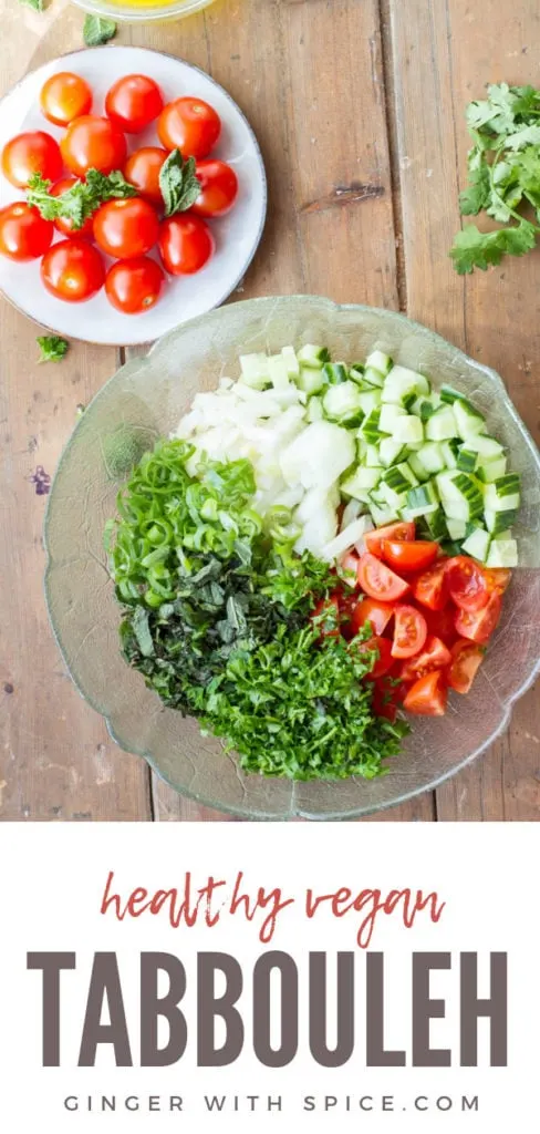 Ingredients to make this tabbouleh recipe, separate in a clear bowl. Pinterest pin.