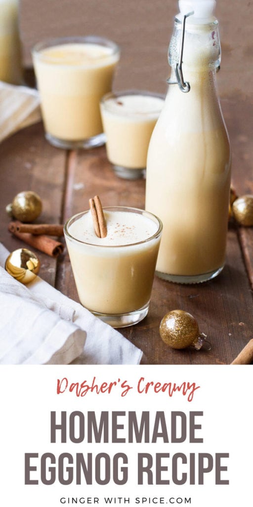 A glass and a small bottle of eggnog. Glass garnished with cinnamon stick. Pinterest pin.