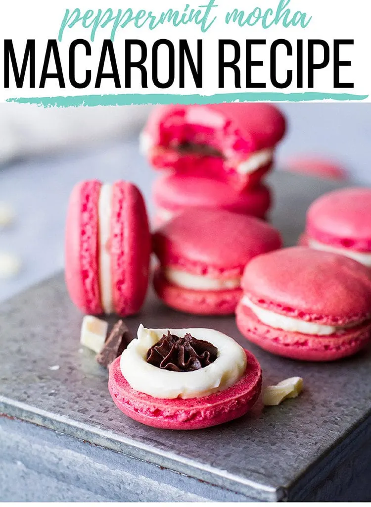 Pink macarons with white filling and mocha center. Pinterest pin.