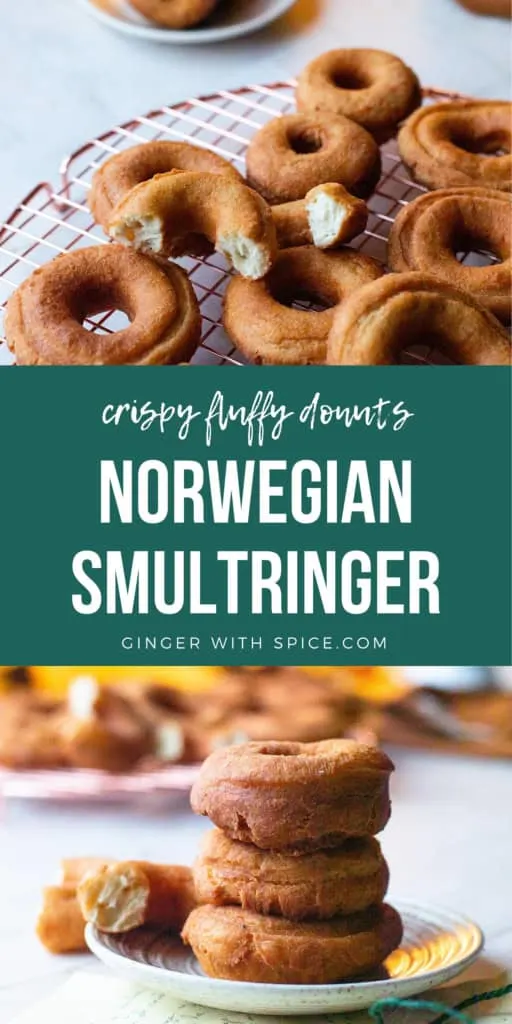 Two images from the post and white text overlay on a green background in the middle: Norwegian Smultringer. Pinterest pin.