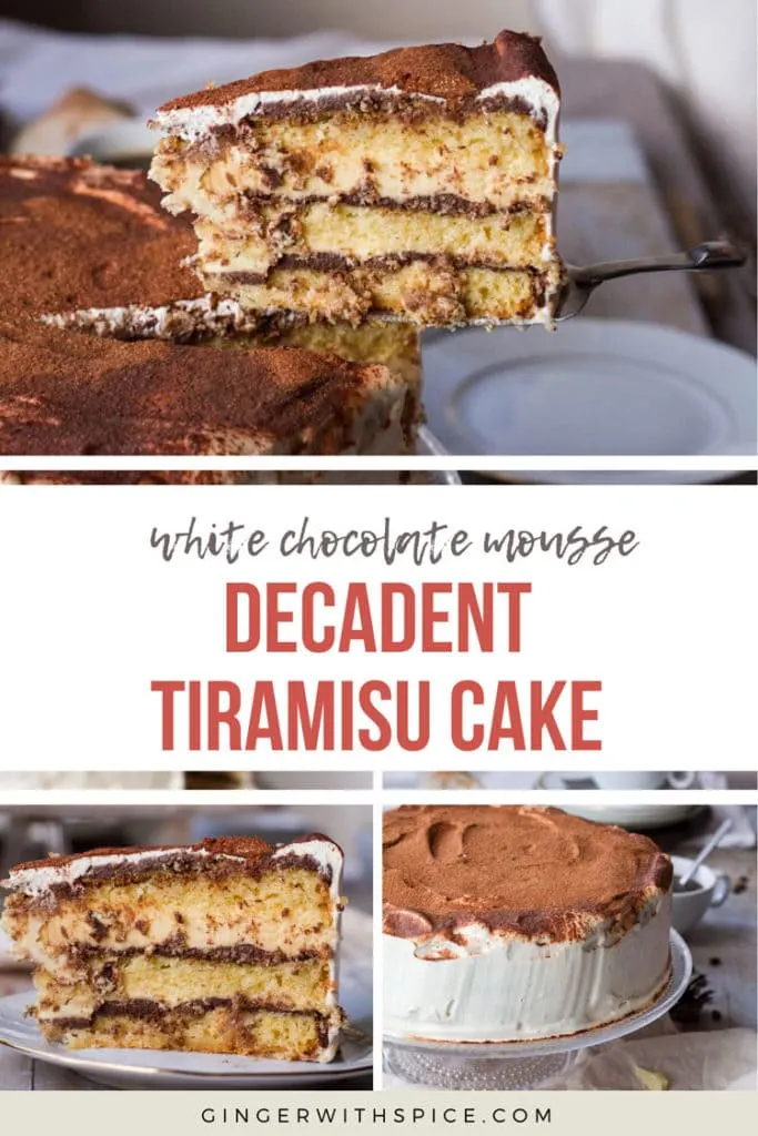 Tiramisu Cake pinterest pin with text overlay. 3 images of the cake.