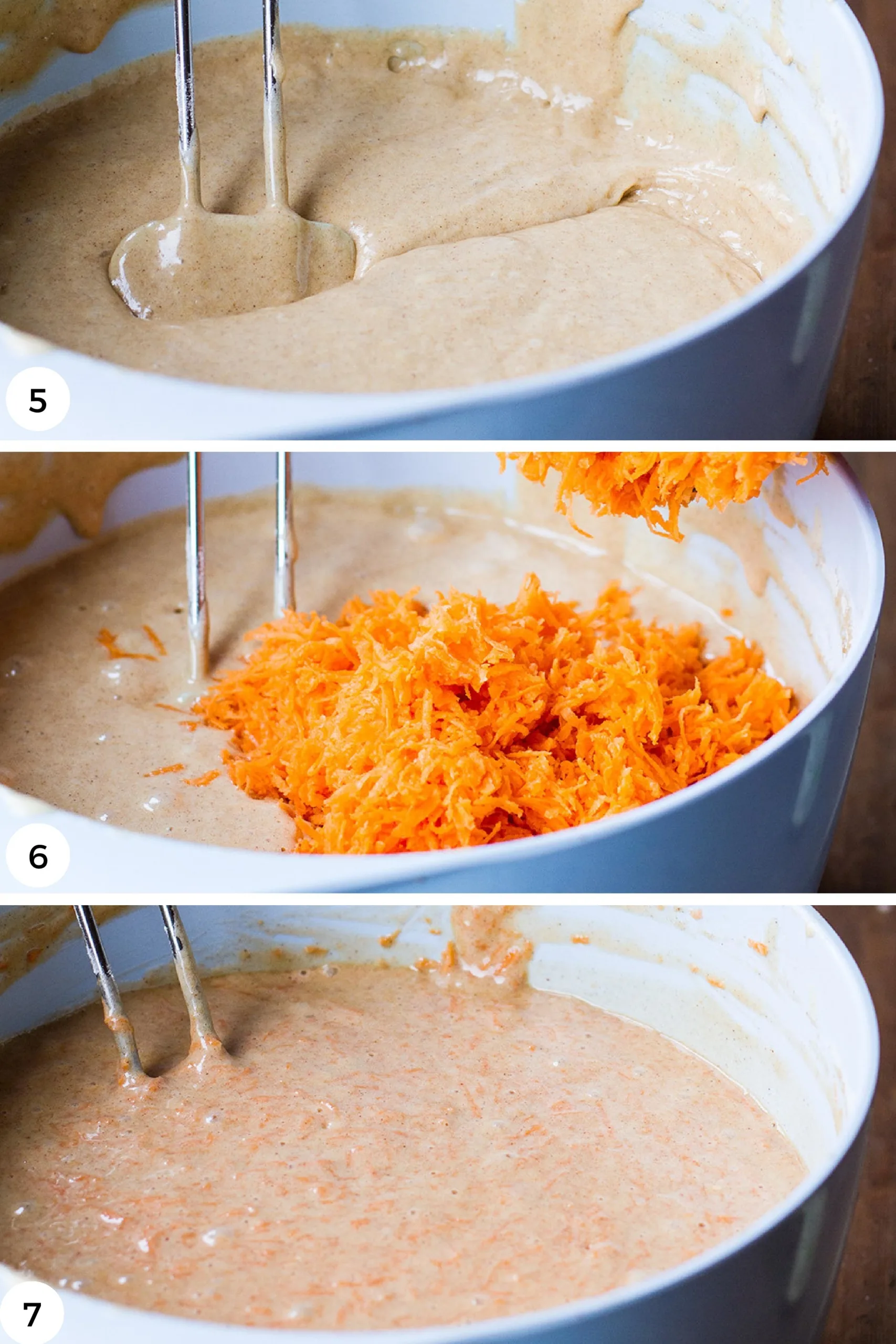 Adding shredded carrot to the cake batter.