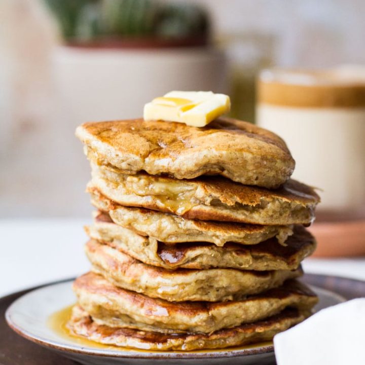 Stack of healthy banana pancakes seen straight on.