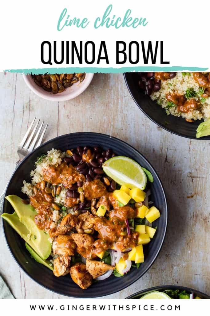 One black bowl filled with quinoa, lime chicken, mango, avocado and chipotle sauce. Pinterest pin.
