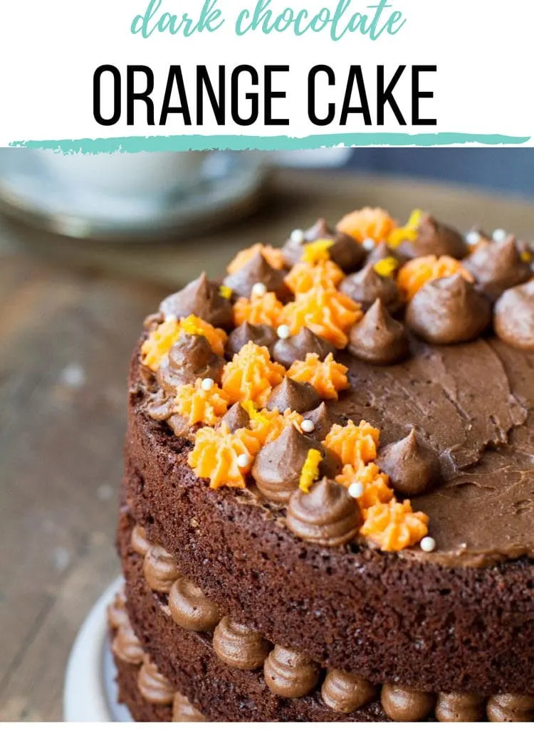 Side angle of the orange chocolate cake to show both the top and the sides. Pinterest pin.