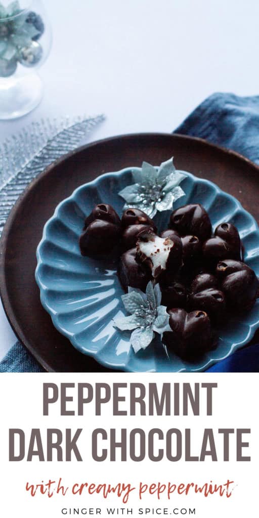 Blue plate with heart-shaped peppermint dark chocolates. Title below, Pinterest pin.
