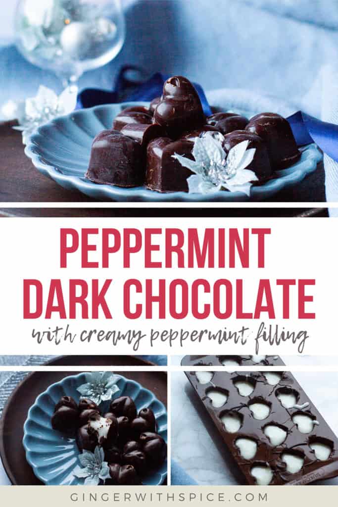 Three images from the post and red text overlay in the middle: 'Peppermint Dark Chocolate'. Pinterest pin.