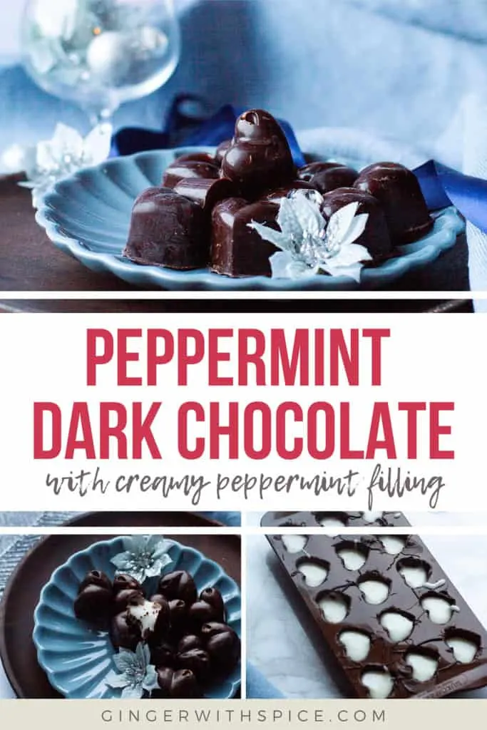 Three images from the post and red text overlay in the middle: 'Peppermint Dark Chocolate'. Pinterest pin.