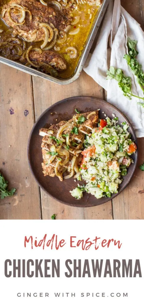 How to serve chicken shawarma: with tabbouleh on a wooden plate. Pinterest pin.