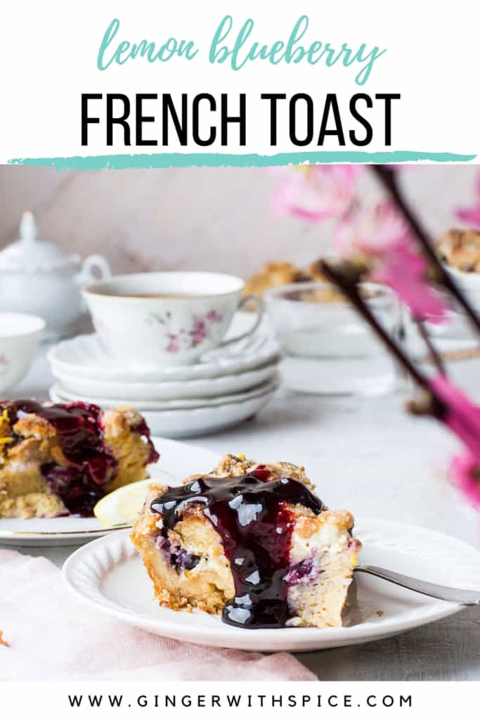 One slice of bluberry French toast casserole with blueberry sauce. Pinterest pin.