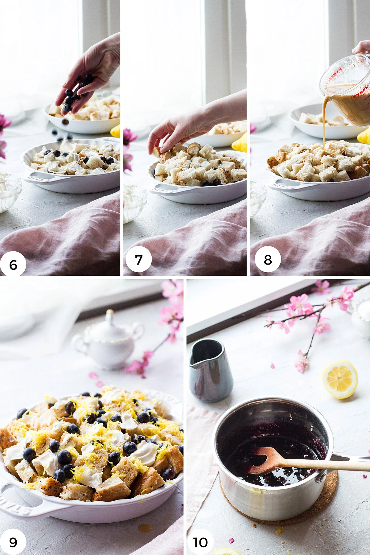 Steps to assemple the French toast casserole and the blueberry sauce.