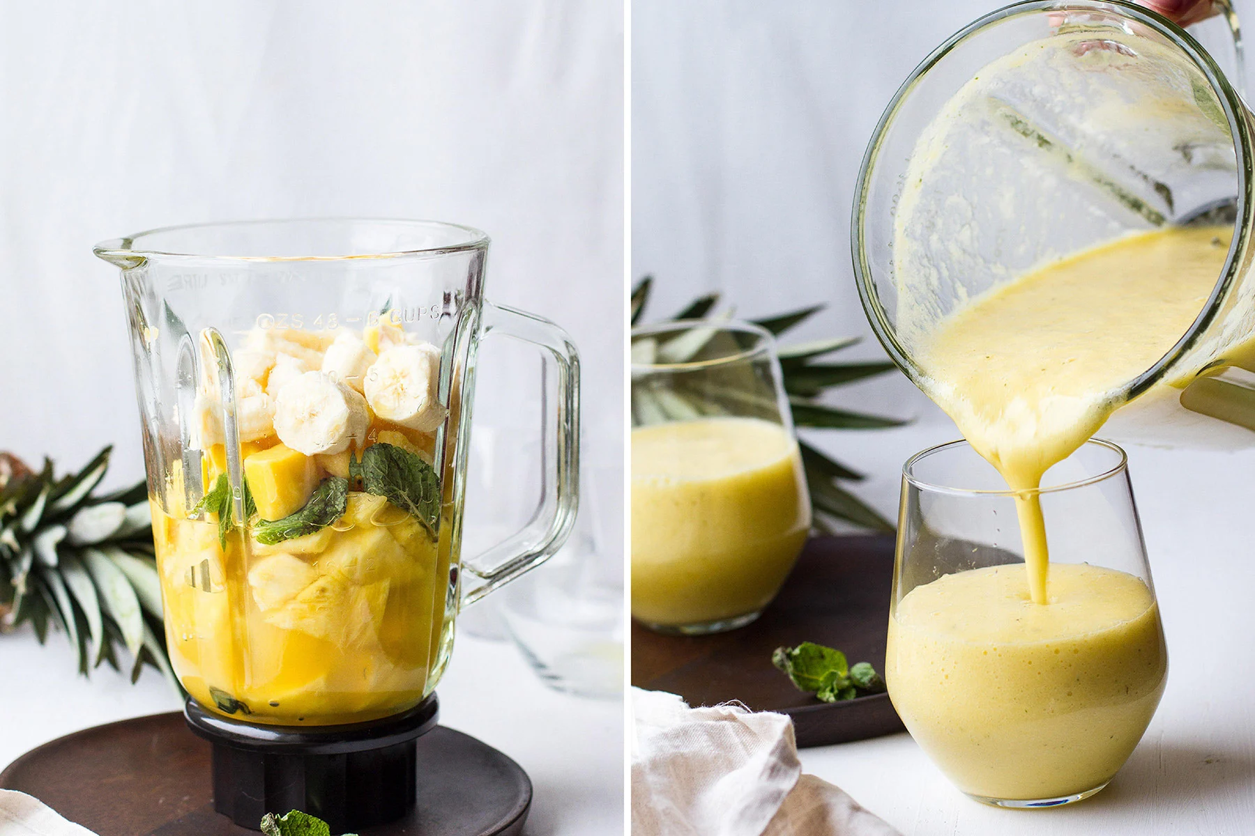 A diptych with one image of the ingredients in a blender and one pouring the smoothie from the blender and into a glass.