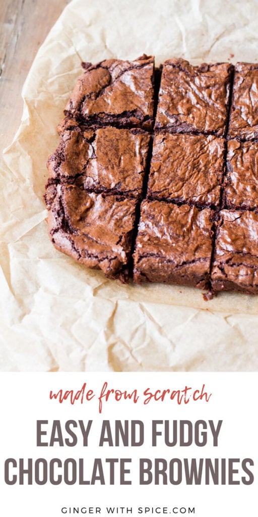 9 Squares of brownies on parchment paper. Pinterest pin.