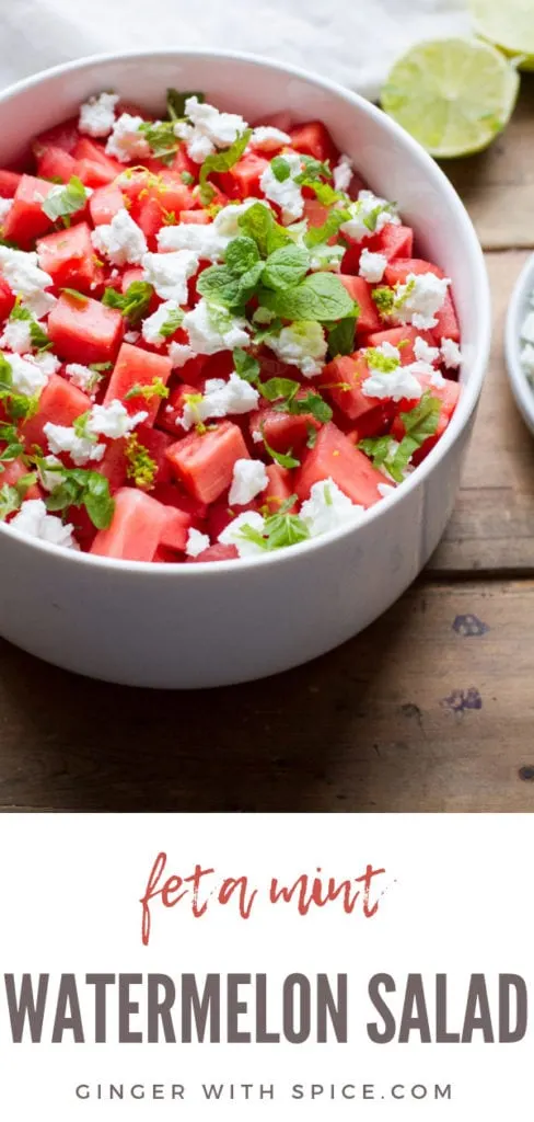 Watermelon salad in a white bowl. Backlighting. Pinterest pin.
