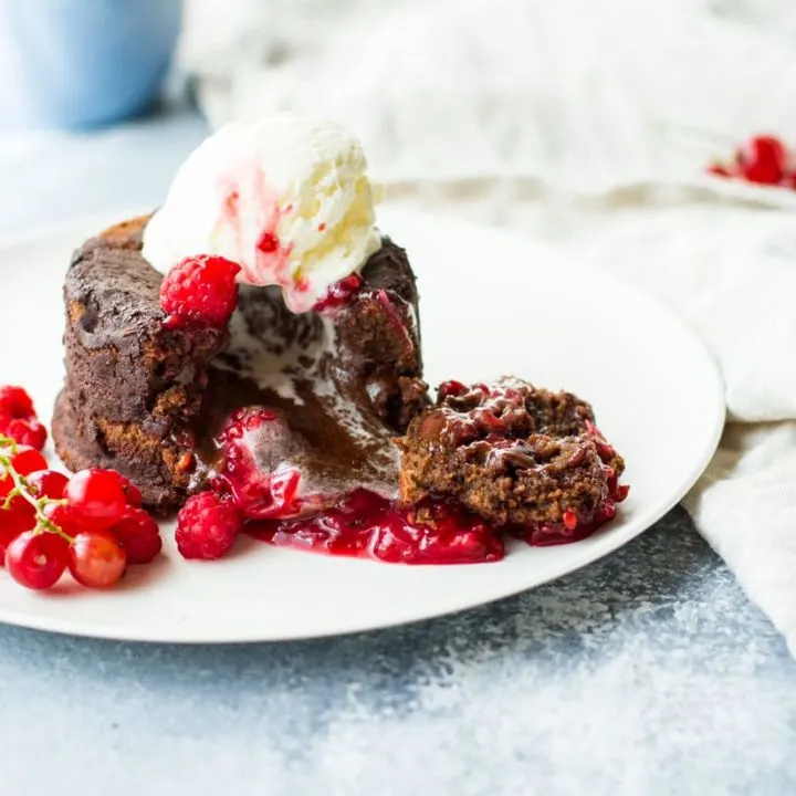 Chocolate Lava Cake with a Raspberry Red Currant Sauce