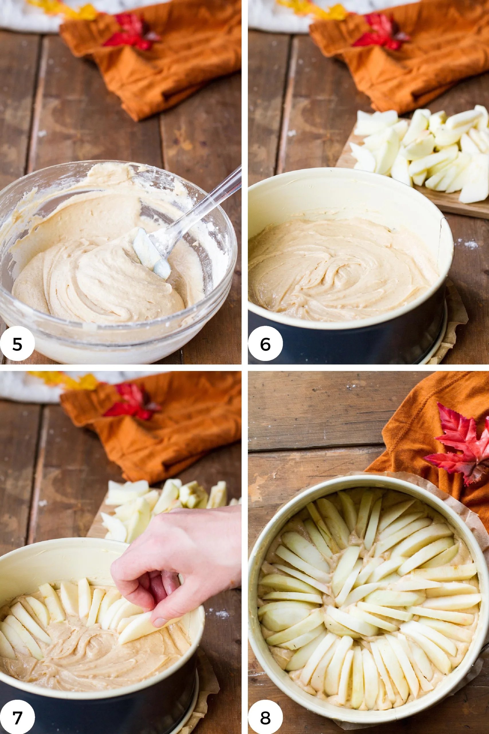 Steps to fill the cake pan with batter and apples.