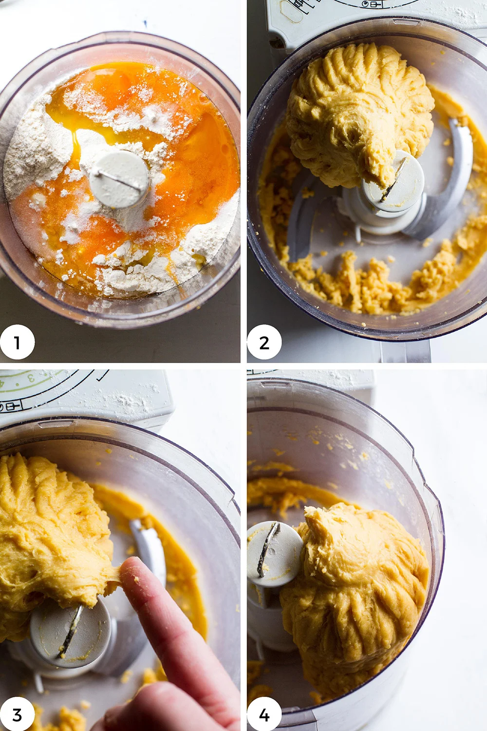 Steps to make pasta dough in food processor.