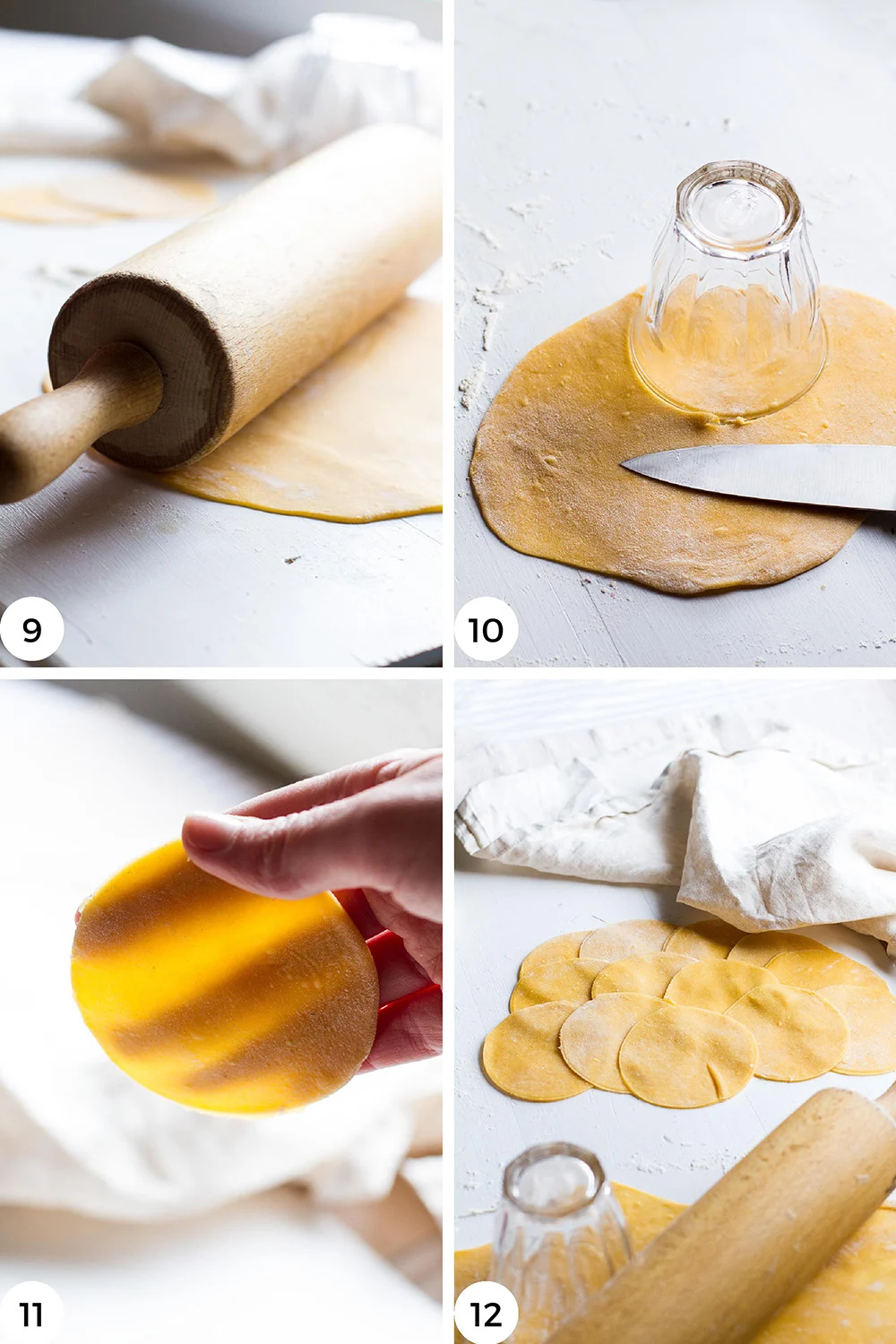 Steps to roll out and shape ravioli.