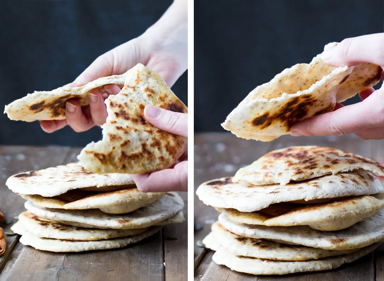 Two images of Moroccan batbout pita bread.