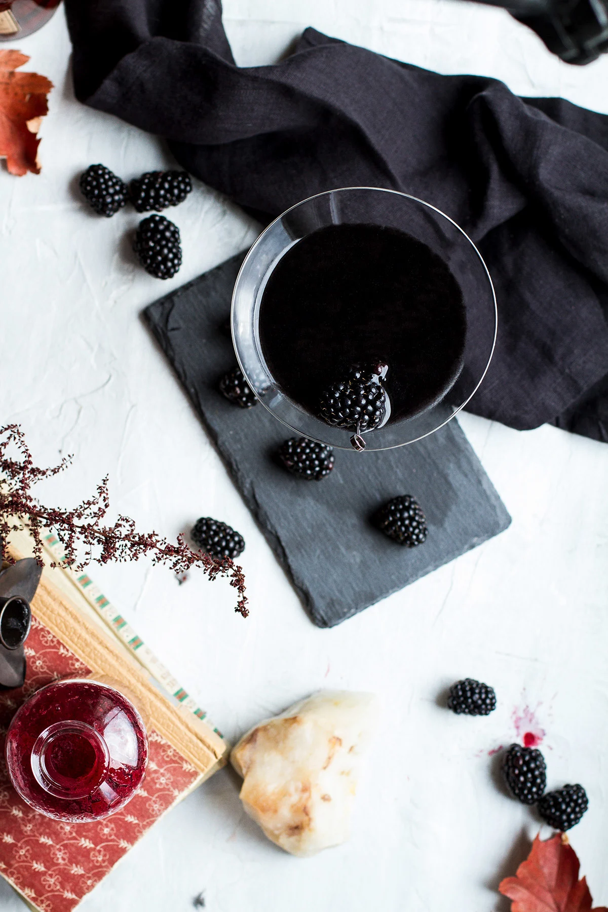 A blackberry martini seen from above.
