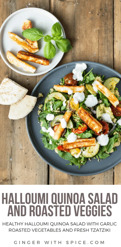 Pinterest pin of healthy halloumi quinoa salad using bird's eye view photo of the salad on a grey dark plate and vintage wooden background