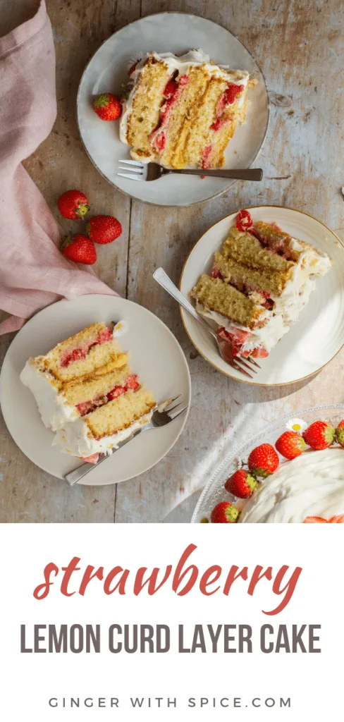 Three slices of strawberry cake. Flatlay, Pinterest pin.