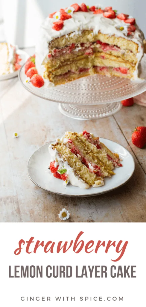 One slice of strawberry cake with the rest of the open cake in the background. Pinterest pin.