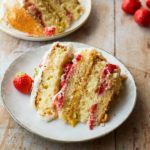 One slice of strawberry cake. Square.