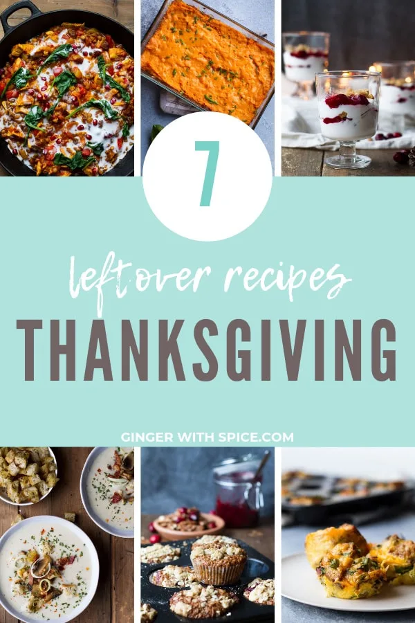 Pinterest pin of 7 recipes in the Thanksgiving leftovers.