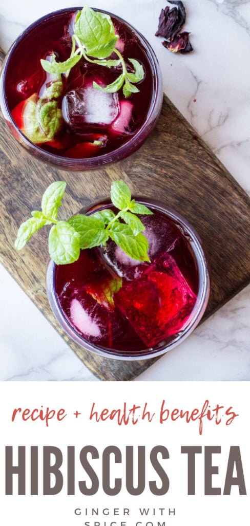 Two glasses with hibiscus tea and mint sprigs. Flatlay. Pinterest pin.