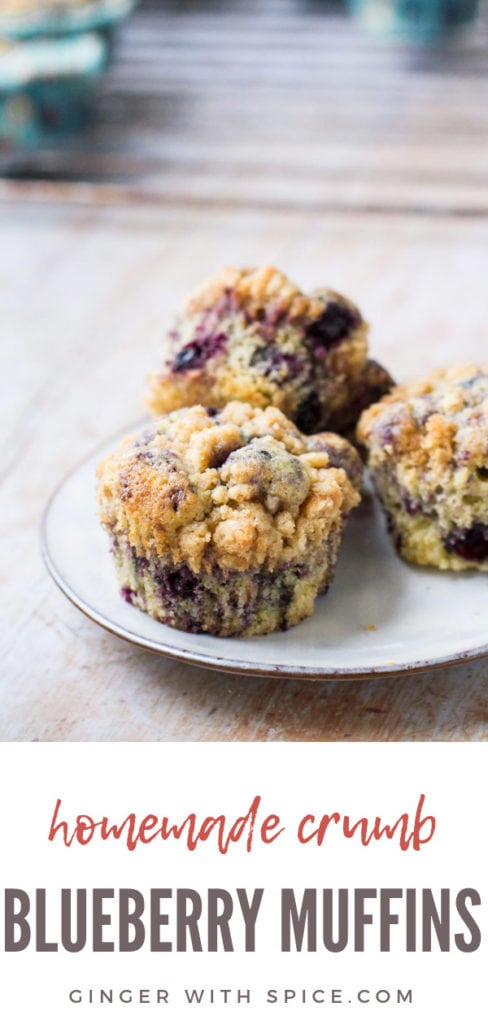 Three homemade blueberry muffins on a white plate. Pinterest pin.