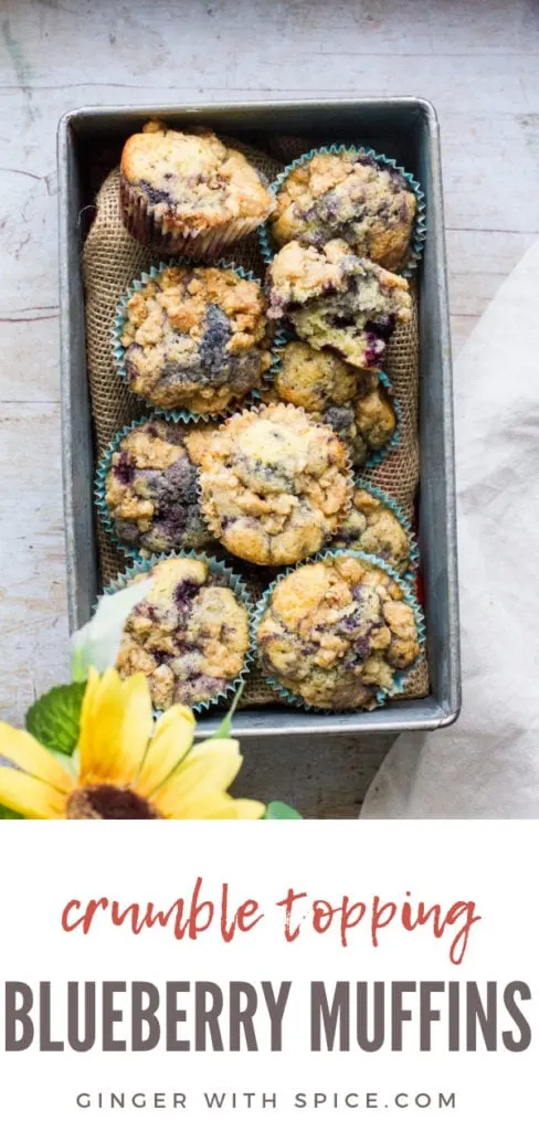 Homemade blueberry muffins in a metal box. Pinterest pin.