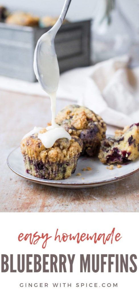 Drizzling glaze on a homemade blueberry muffin. Pinterest pin.