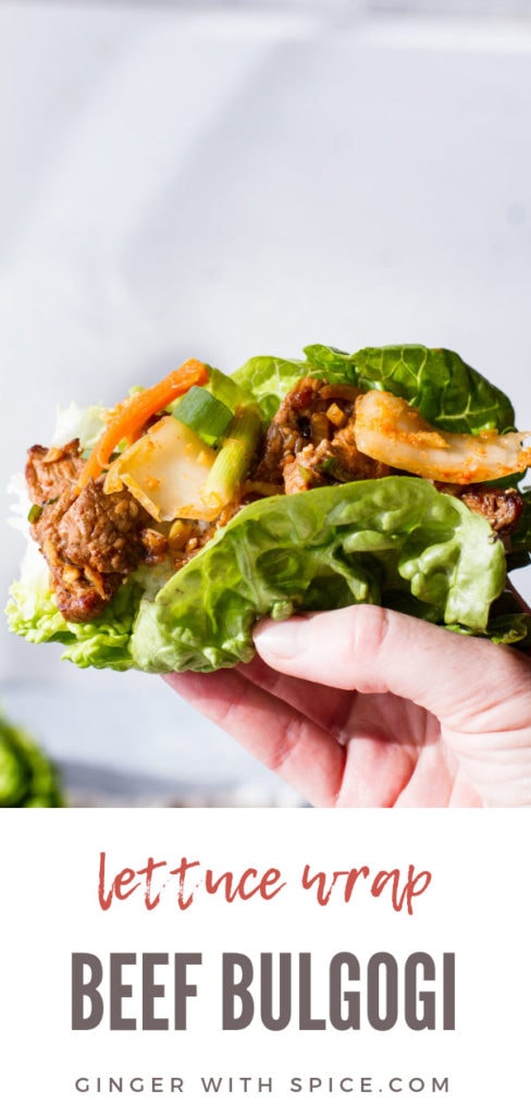 Beef bulgogi lettuce wrap with kimchi. Pinterest pin.