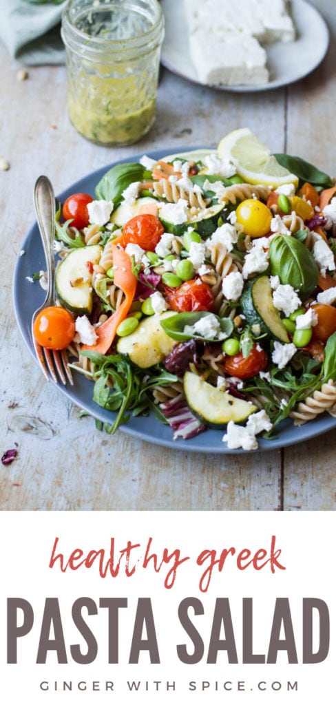 Healthy pasta salad with crumbled feta cheese, roasted tomatoes and zucchini. Pinterest pin.