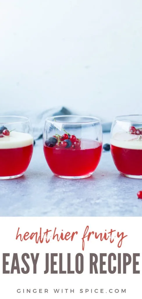 Three glasses with homemade jello, berries and two with vanilla custard. Straight on. Pinterest pin.