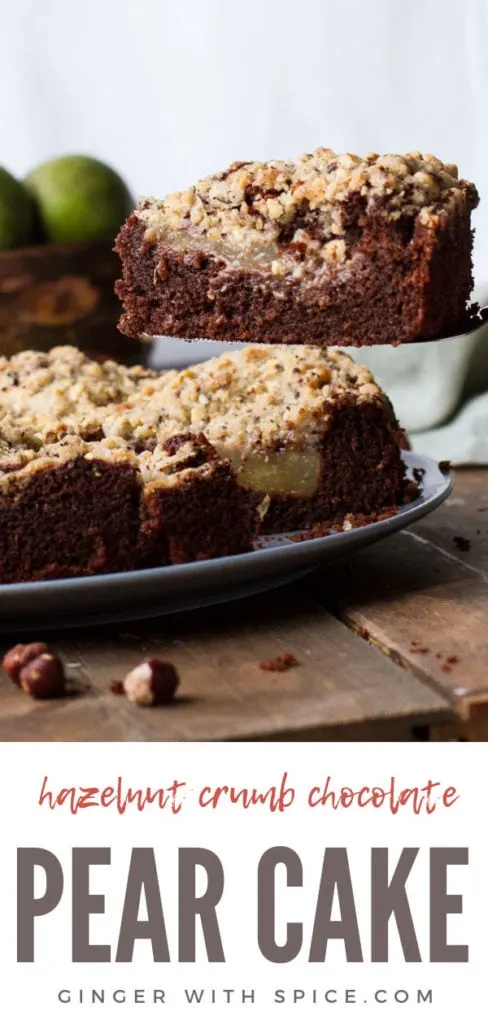 Focus on one slice of chocolate pear cake, with the whole cake in the background. Pinterest pin.