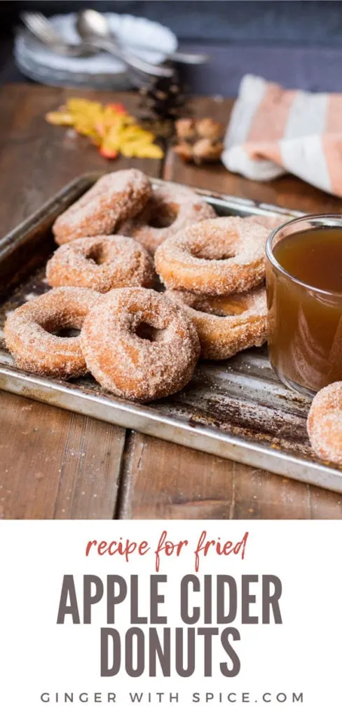 Apple cider donuts and glass of apple cider on a metal pan, wooden table. Pinterest pin.