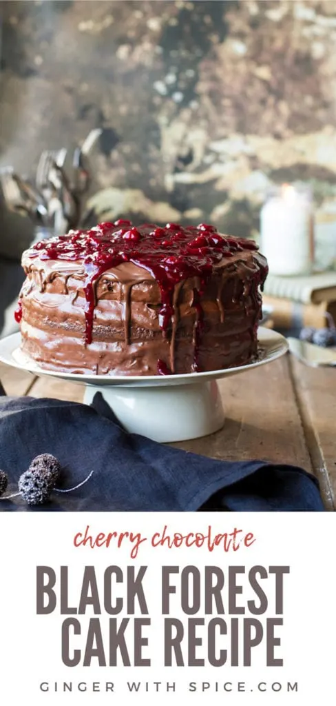 Cherry chocolate cake with chocolate buttercream and topped with a cherry filling. Pinterest pin.
